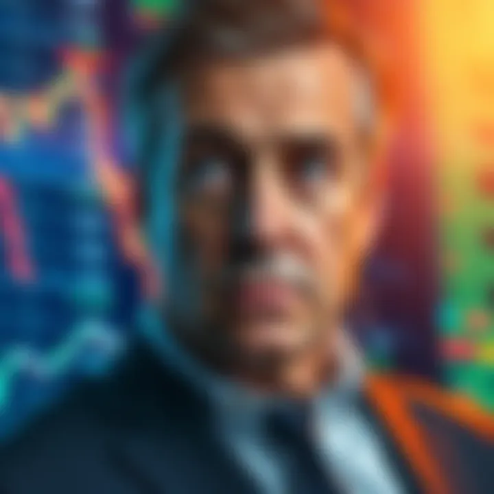 Michael Saylor looking worried as stock prices drop significantly, with financial graphs in the background showing a downturn