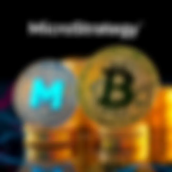 A visual representation showing Bitcoin coins stacked next to the MicroStrategy logo, highlighting the company's significant investment in Bitcoin.