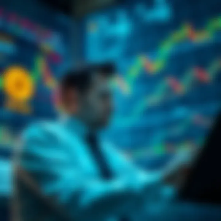 Microstrategy Financial Strategy A graphic showing a businessman analyzing Bitcoin and stock charts, questioning financial legality.