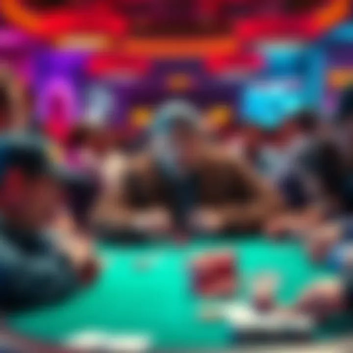 Mike Hunt engaging in an intense poker game, surrounded by a vibrant crowd of eager players, with chips and cards in action.