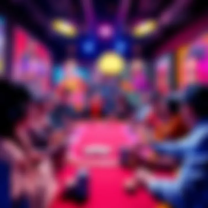 Dynamic group of artists and NFT collectors engaging in a lively poker game surrounded by colorful artwork