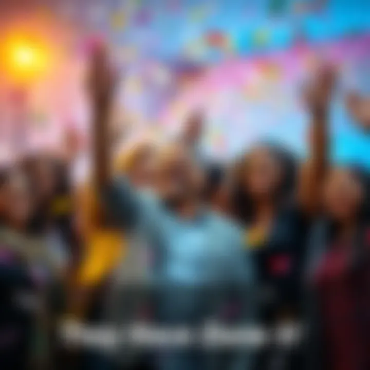 A group of diverse individuals celebrating a historic achievement with confetti and smiles in a vibrant setting.
