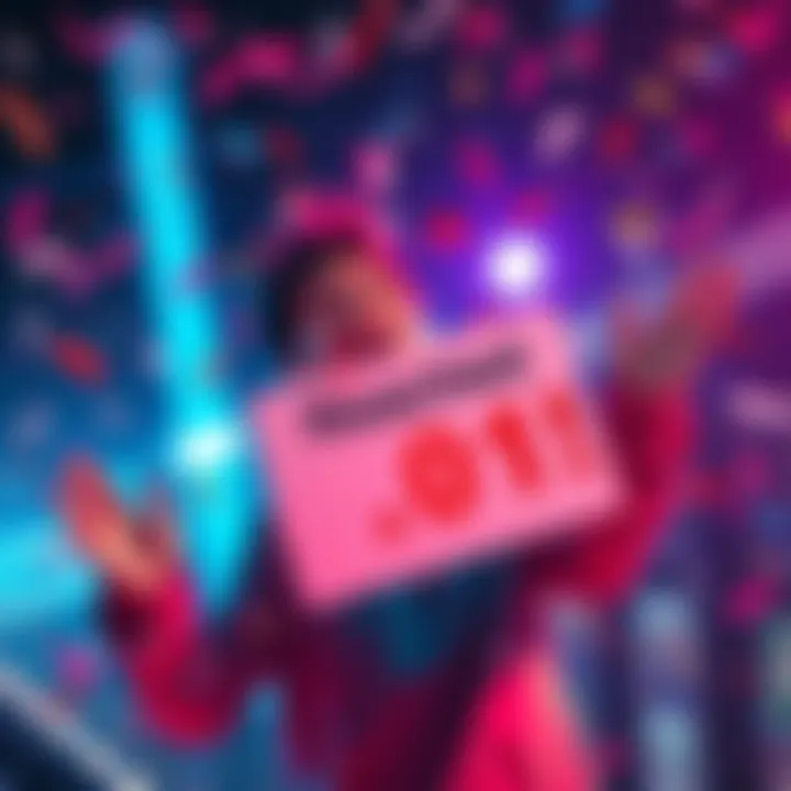 A person celebrating reaching a milestone, holding a celebratory sign that reads 'Reached .01!' with confetti falling around them, showing excitement and joy.