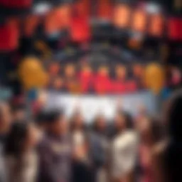 A group of diverse people celebrating a significant milestone with banners and confetti in a lively setting