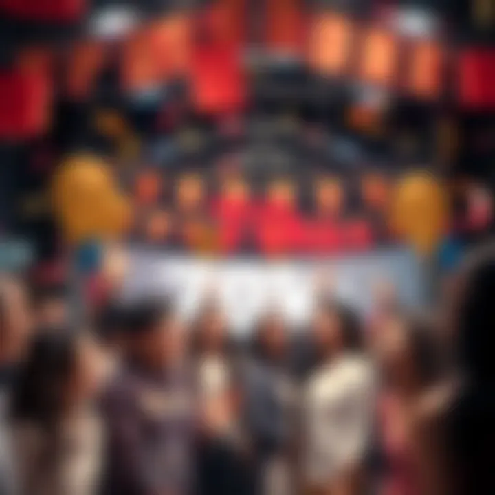 A group of diverse people celebrating a significant milestone with banners and confetti in a lively setting