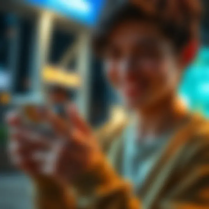 A millennial happily using a smartphone to buy Bitcoin through an app, showing a digital currency interface on screen.