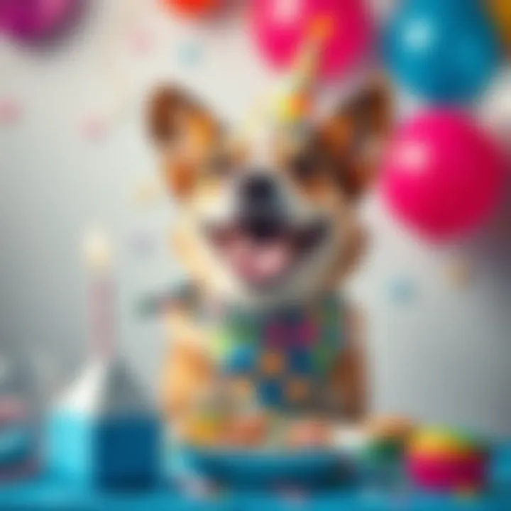 A happy dog named Milo wearing a colorful birthday bandana, enjoying treats on his 2nd birthday celebration.