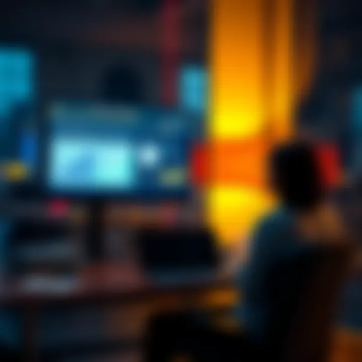 A person sitting at a desk with a laptop, looking concerned while reading about ID verification laws. The screen shows graphs and texts about privacy solutions.