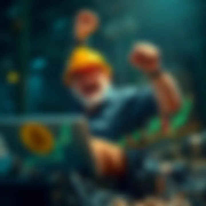 A happy miner celebrating after discovering a Bitcoin block, holding a laptop and looking at charts showing Bitcoin's rise.