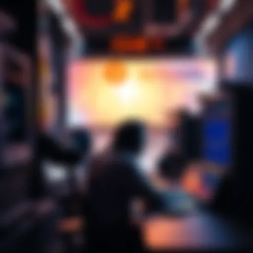 A miner contemplating ASIC sale A miner sitting at a desk looking at ASIC machines and considering the decision to sell them due to noise and heat issues, with a laptop showing Bitcoin prices in the background.