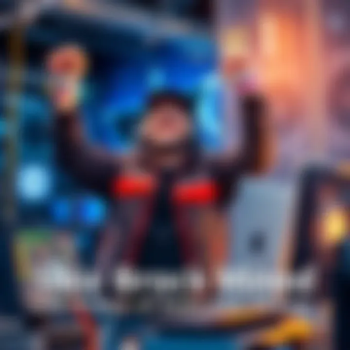 A miner joyfully holding a computer setup with mining equipment after successfully mining a block