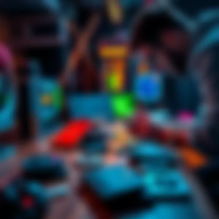 A person examining mining hardware and different types of cryptocurrency wallets on a desk