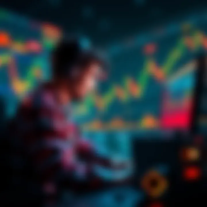 A person focused on cryptocurrency mining at a computer, surrounded by charts showing market fluctuations, symbolizing resilience in tough times.