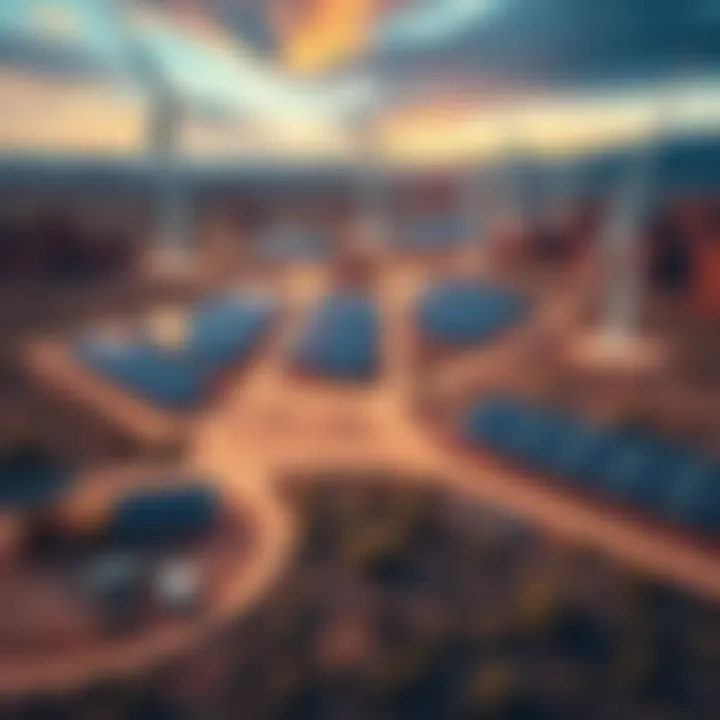 Aerial view of a mining farm with solar panels and wind turbines in a remote landscape