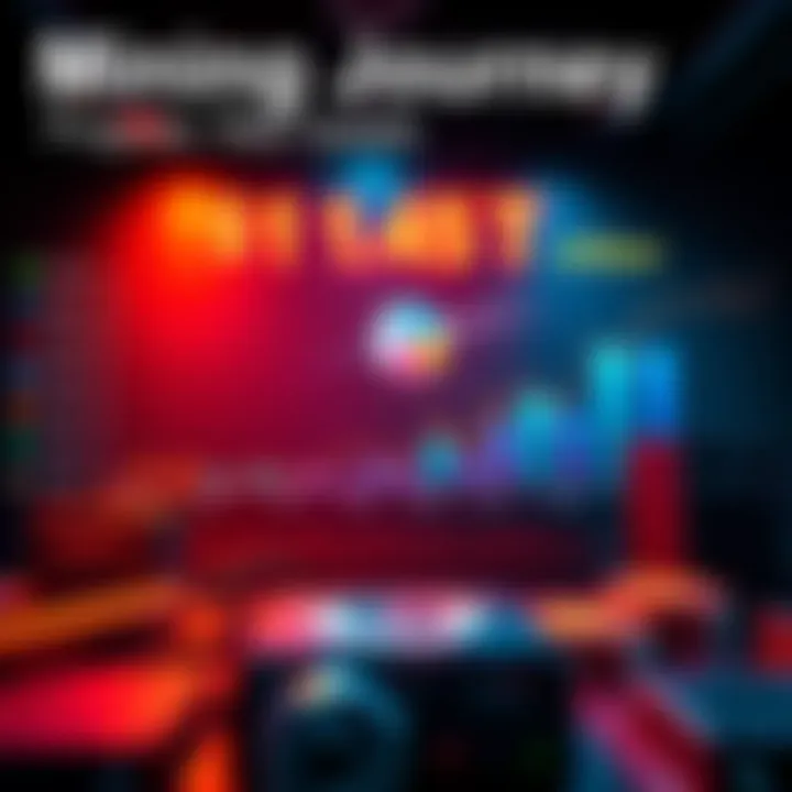 A chart showing daily mining stats with a goal of reaching 1.45 trillion, featuring blocks and mining equipment.