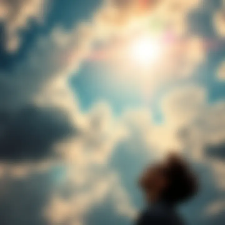 A person looking up at a sky filled with beautiful clouds and sunlight breaking through, symbolizing hope and extraordinary moments.