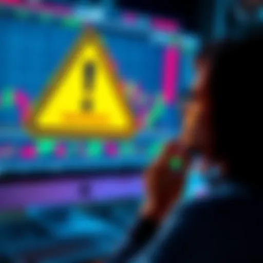 A computer screen displaying trading charts with a warning sign, symbolizing the scrutiny of mirror trading programs, while a person looks on thoughtfully.