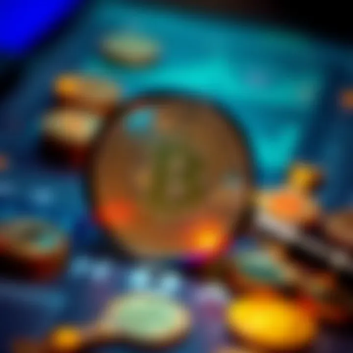A digital representation of a missing Bitcoin transaction with a magnifying glass and cash symbols, highlighting the importance of troubleshooting cryptocurrency issues.