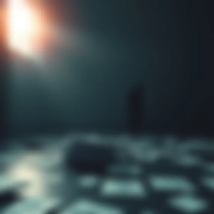 A shadowy figure searching for clues in a dimly lit room, with scattered papers and question marks around, symbolizing the search for accountability.