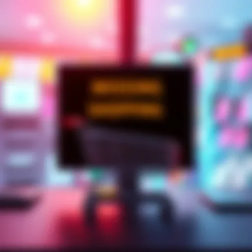 Illustration showing an empty shopping cart and a computer screen with a missing shopping option sign