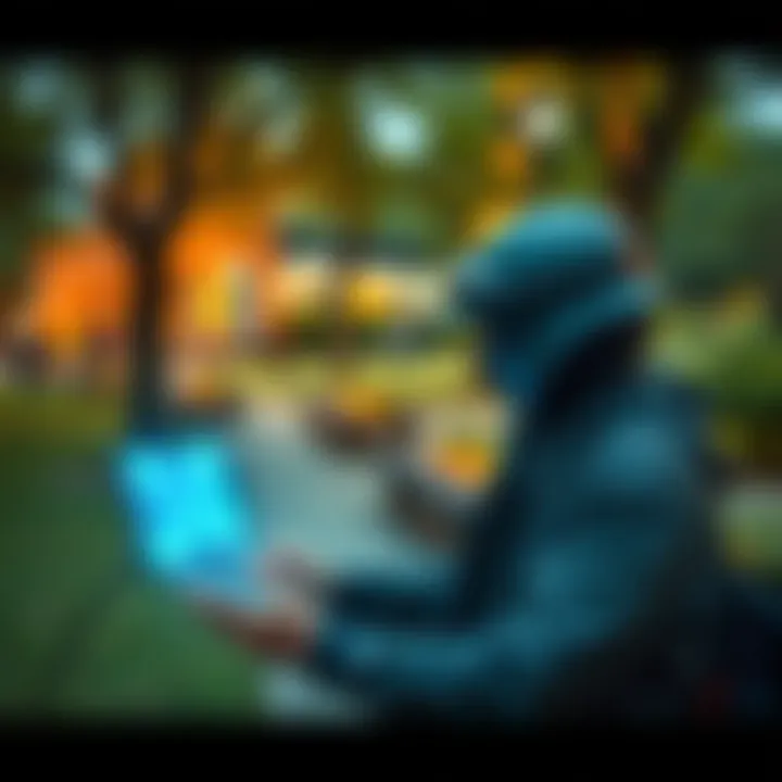 Mobile Miner with 5G Router A person using a mobile miner connected to a 5G router in a park, showcasing mobile mining technology