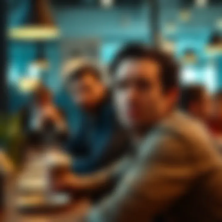A person looking frustrated while friends joke about their Bitcoin investments at a coffee shop