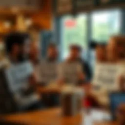 A group of investors laughing and discussing financial choices at a coffee shop, with some holding signs saying 'Stay Poor'