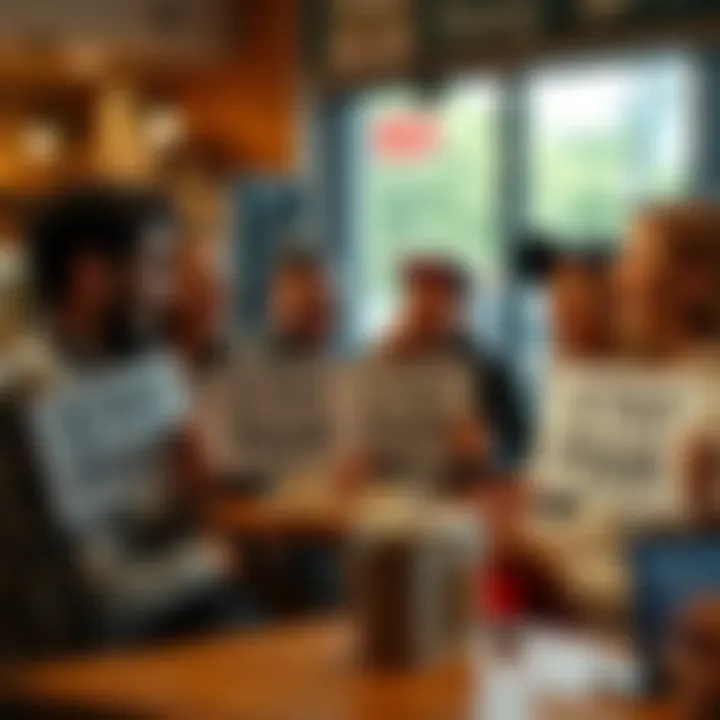 A group of investors laughing and discussing financial choices at a coffee shop, with some holding signs saying 'Stay Poor'