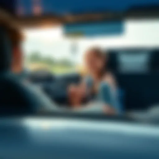 A mother creatively driving a Honda CRV using her legs while her daughter sits in the passenger seat, smiling happily.