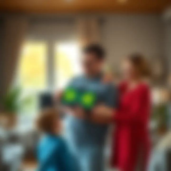 A mother proudly stands beside her husband, who is holding a digital tablet displaying cryptocurrencies, while their child looks on with admiration. They are in a cozy living room.