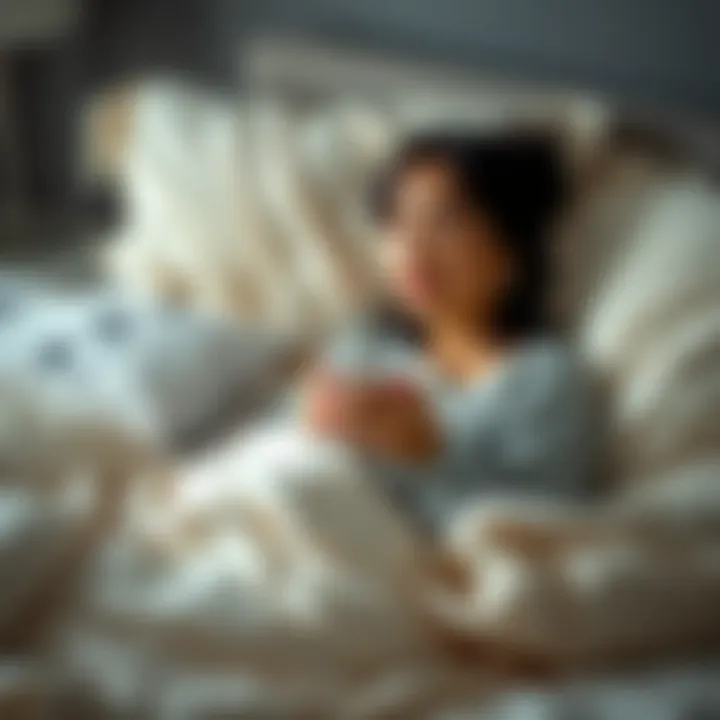 A 33-year-old stay-at-home mom relaxing in bed, looking thoughtful while holding a cup of herbal tea, surrounded by soft pillows and warm blankets, seeking ways to improve her sleep and energy levels.