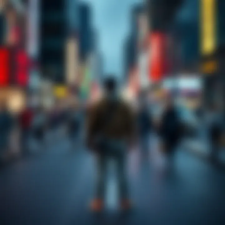 Figurative Moment of Inaction A person standing still in a busy street, observing others while appearing hesitant to engage or move.