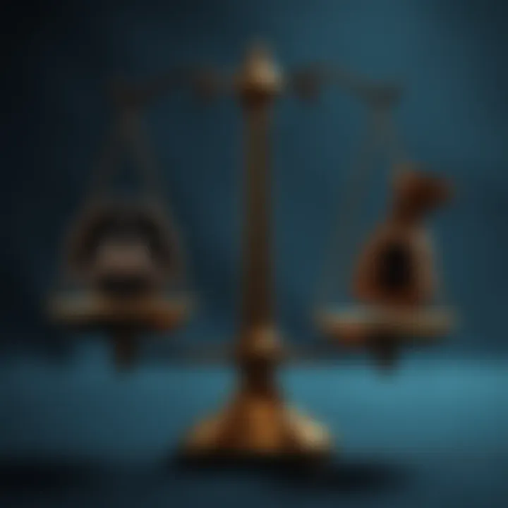 A Monero logo placed on one side of a balance scale, contrasting with symbols of crime like a mask or money bag on the other side, highlighting the debate over privacy and crime.