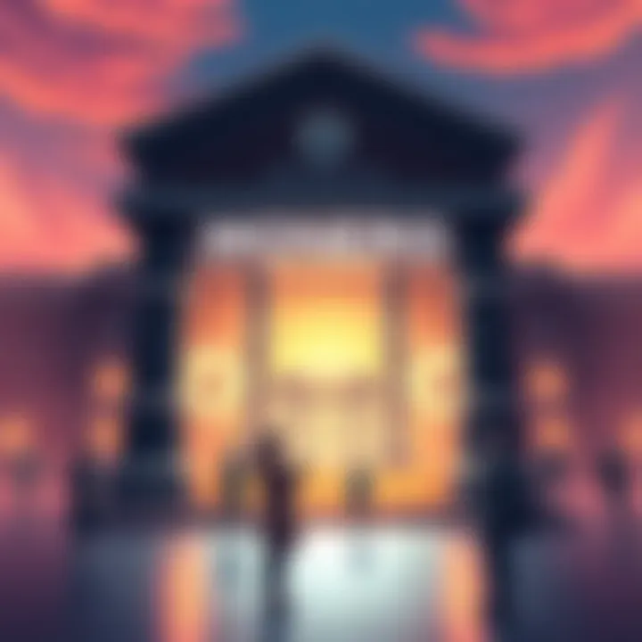 A graphic showing a bank building with Monero symbols and people using mobile apps for transactions