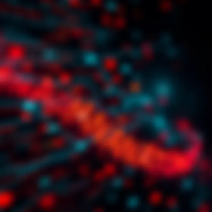 An abstract representation of the complexity and obscurity of Monero transactions, featuring blurred code and digital symbols amidst a shadowy background.