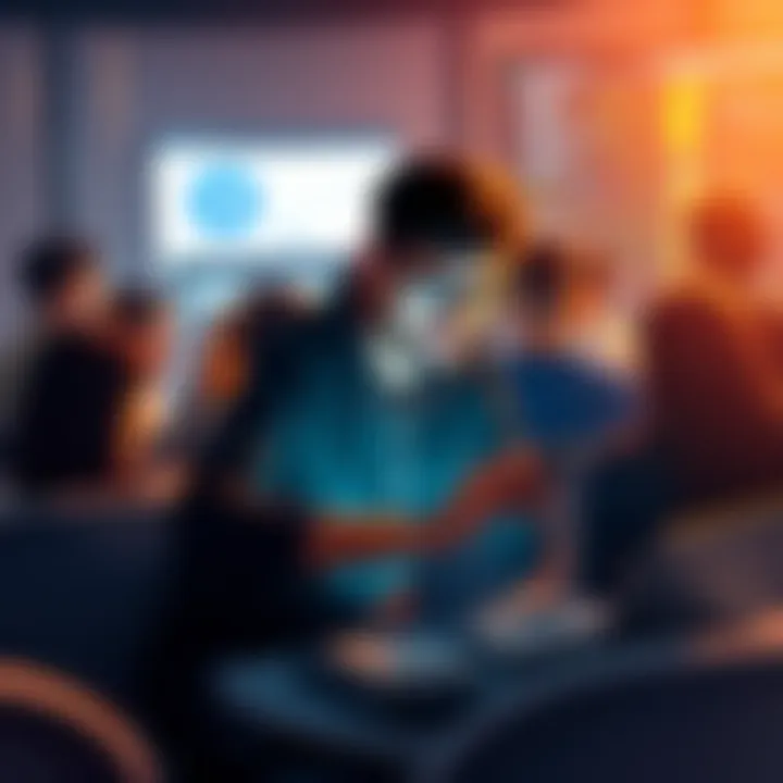 A person analyzing data on a laptop while surrounded by a community of diverse individuals engaging in a Telegram group chat, showcasing discussions on crypto tools and alerts.