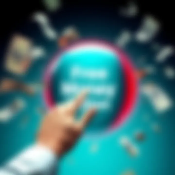 A person's hand pressing a large button labeled 'Free Money' with cash flying out around it, symbolizing economic impact.