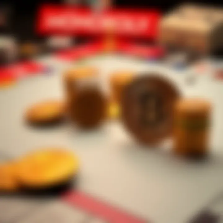 Monopoly Board with Bitcoin A traditional Monopoly board game with Bitcoin tokens and digital currency elements mixed in