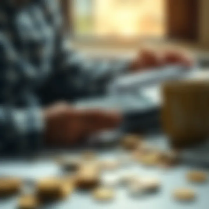 A person calculating expenses with a calculator and notebook, surrounded by coins and a coffee mug