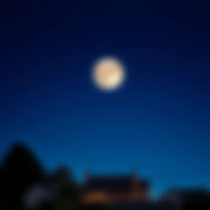 A bright moon appears large in the night sky, casting a soft glow over trees and houses below.