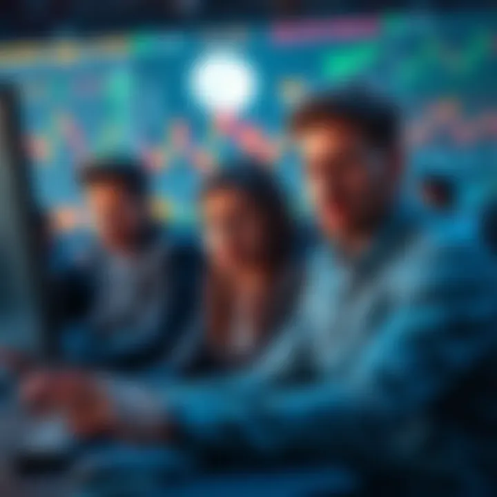 An anxious group of crypto investors watching price updates on their screens, surrounded by data and charts illustrating volatility in Moonchain prices.