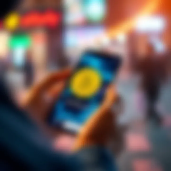 A person using a phone to purchase Bitcoin via the MoonPay app, showing no fees on the screen