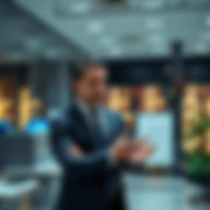 A professional in business attire discussing digital assets in an office setting