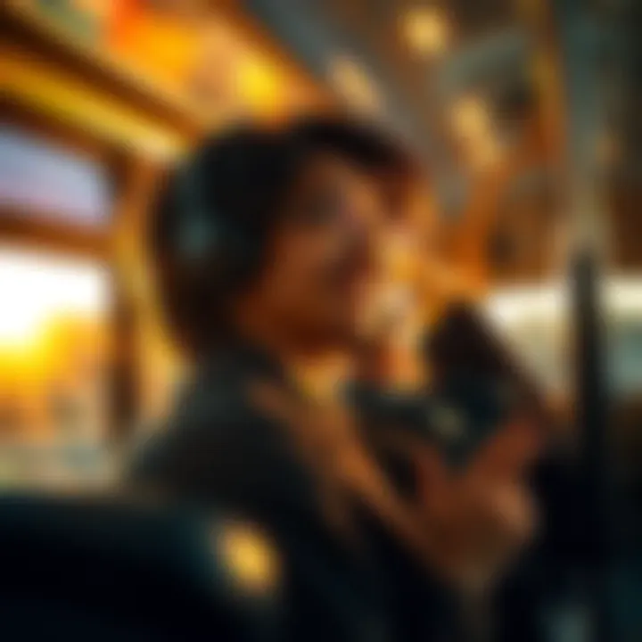 A person with a smile listening to music while commuting on a bus in the morning sunlight.