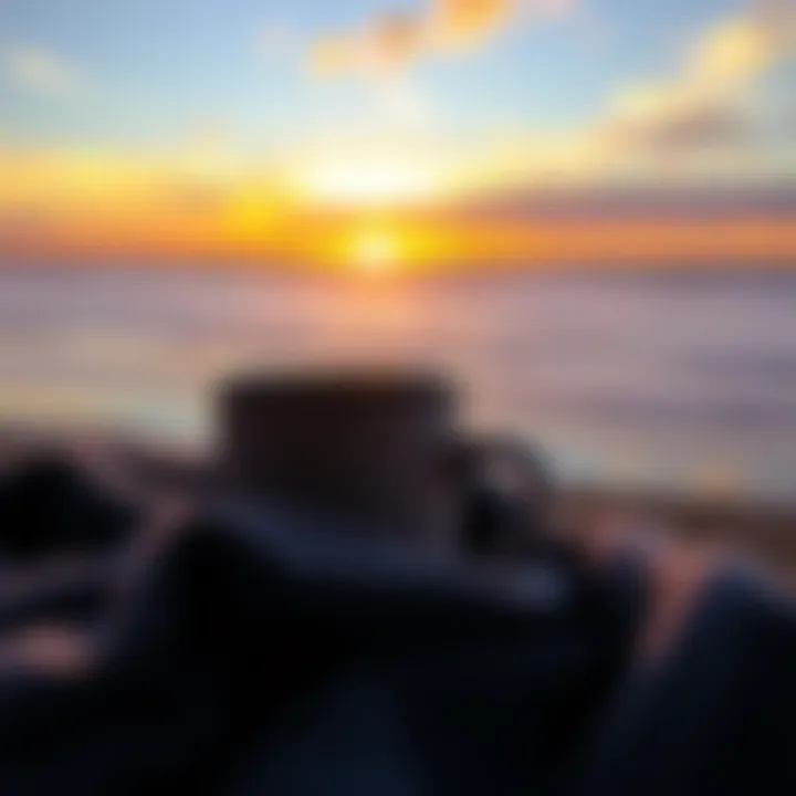 A serene sunrise with a cozy coffee mug, capturing the essence of morning vibes