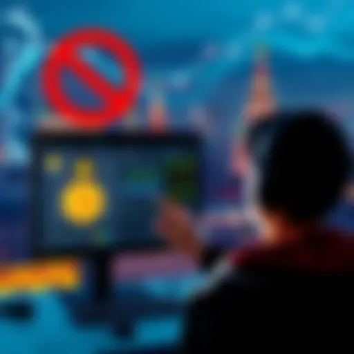 Moscow Bitcoin Mining Ban A person looking at a computer screen displaying Bitcoin mining software, with a background of a city skyline symbolizing Moscow, and a warning sign indicating a ban.
