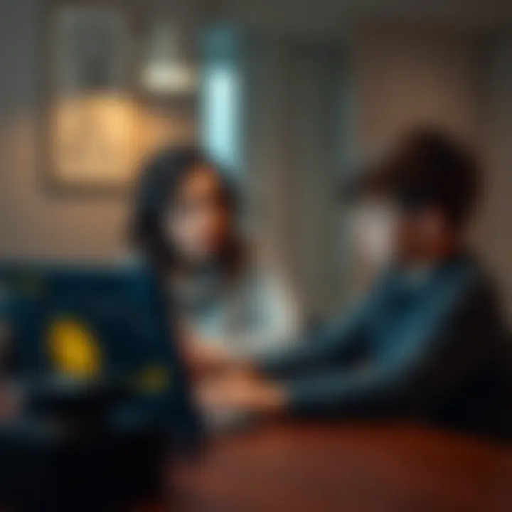 A mother and son sit at a table, with Bitcoin graphics and charts on a laptop screen, discussing investment options, showing concern and care in their expressions.