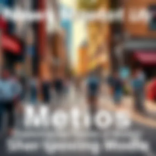 A busy street scene depicting people walking, biking, and interacting, representing motion in daily life