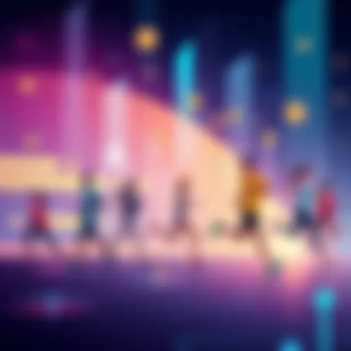 Illustration showing people engaging in exercise while earning rewards, with a digital currency theme in the background.
