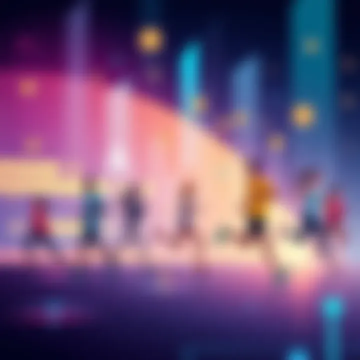 Illustration showing people engaging in exercise while earning rewards, with a digital currency theme in the background.